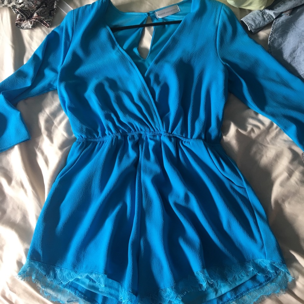 Blue Romper with Deep V neck